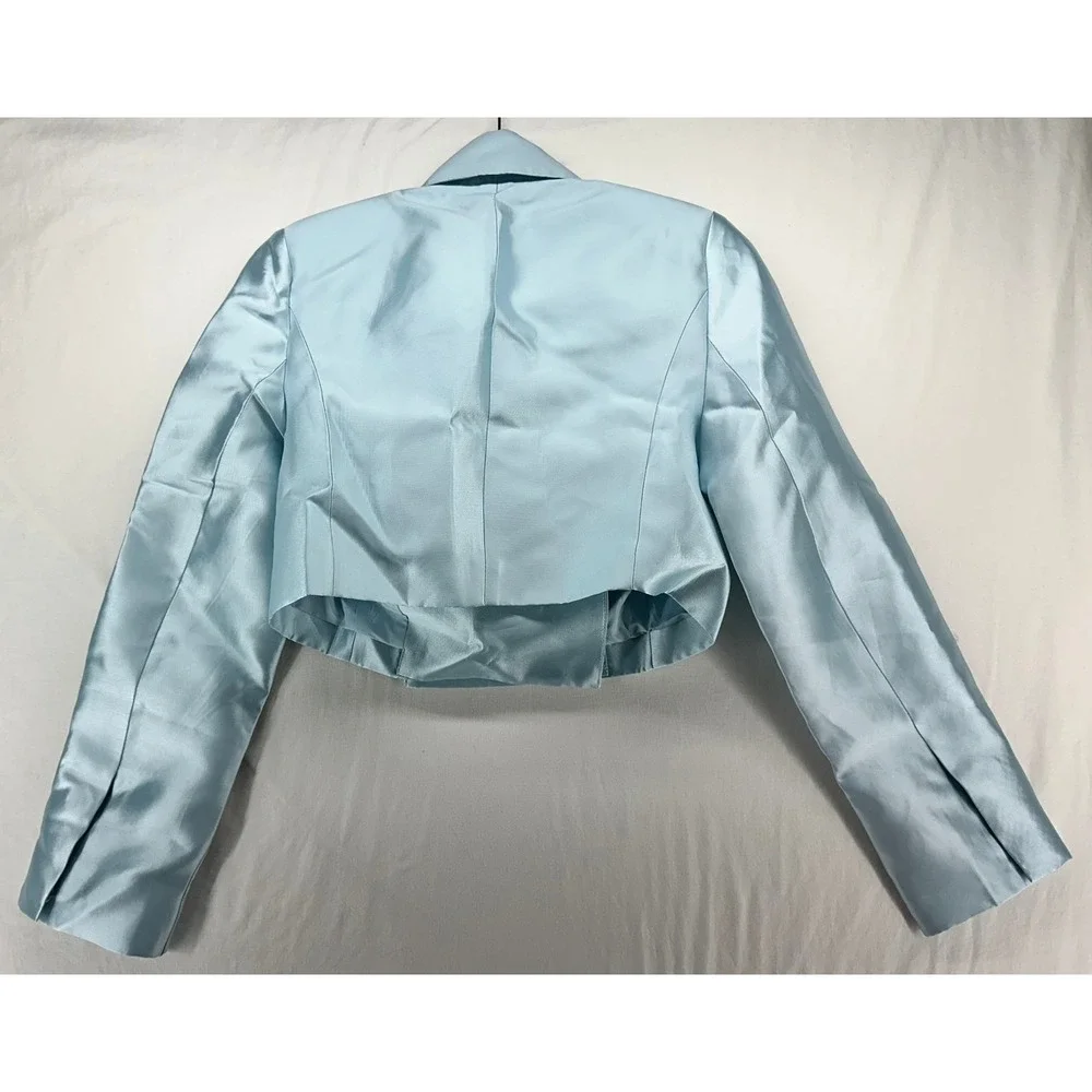 Karen Millen Satin Twill Cropped Wrap Jacket and Skirt Set Pale Blue US 4 NEW